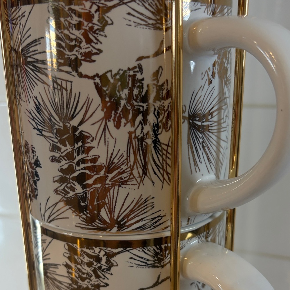 Williams-Sonoma Gold and White Botanical Mug Set with Stand - Picture 3 of 3